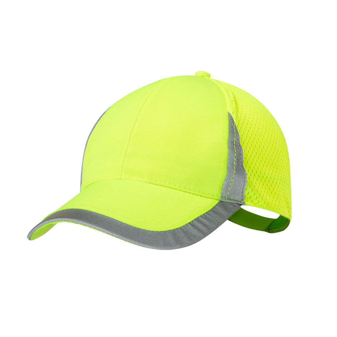 Una gorra de béisbol de color amarillo neón con ribete reflectante gris en la visera y los paneles laterales.