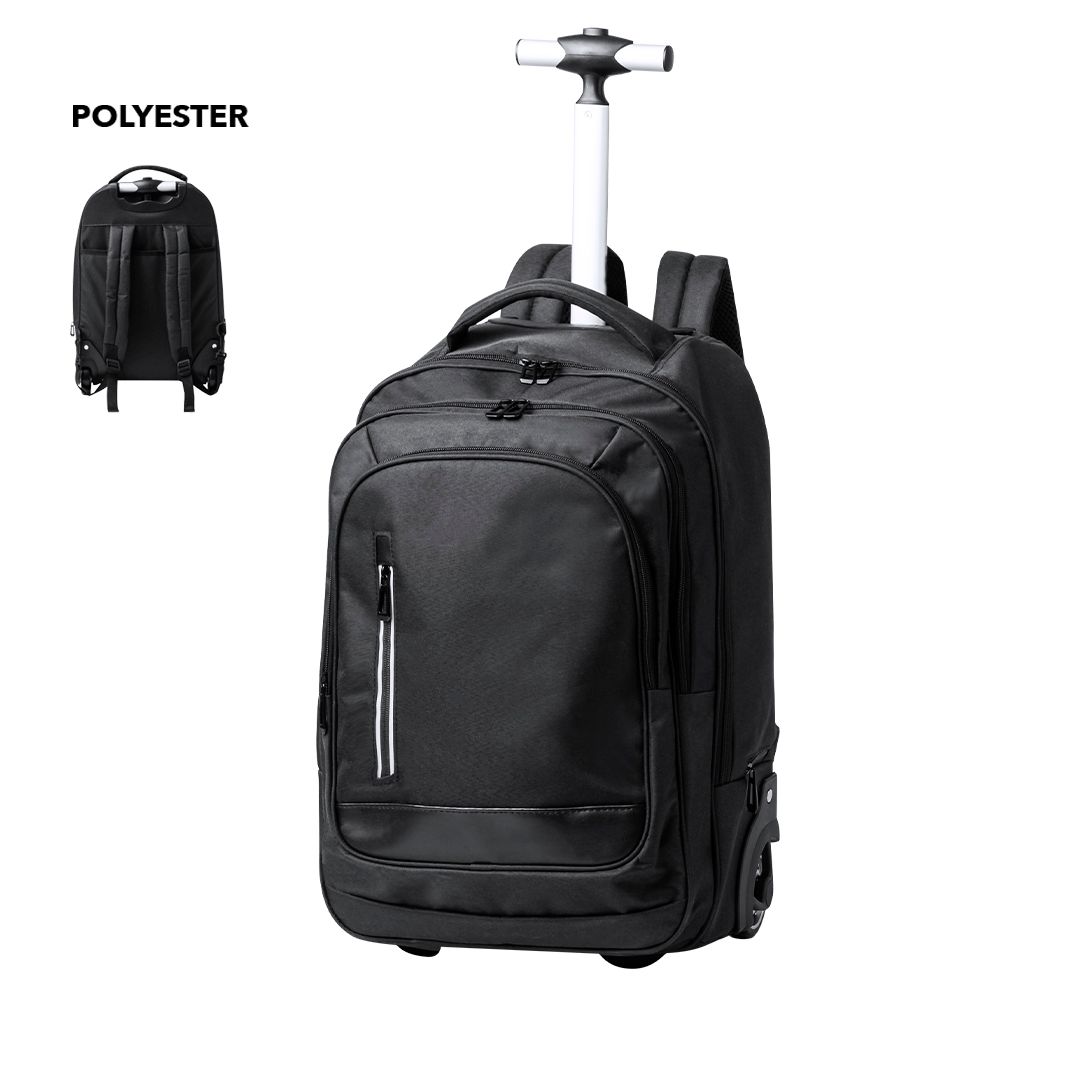 Mochila con ruedas de poliéster negro con asa extensible, mostrada desde la parte frontal y posterior sobre un fondo blanco.