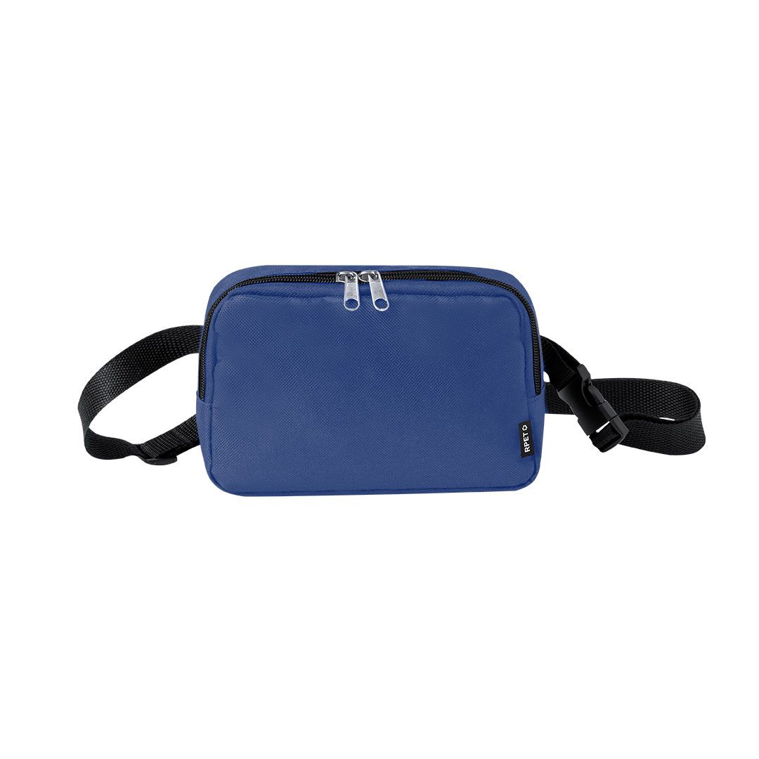 Una riñonera rectangular de color azul con una correa ajustable negra y un compartimento principal con cremallera sobre un fondo blanco.