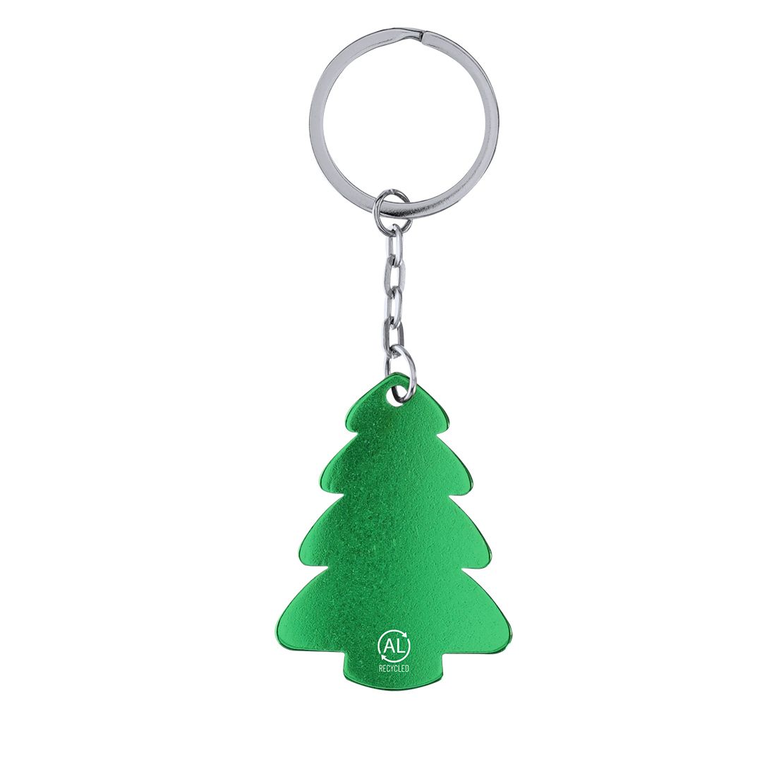 Llavero metálico verde con forma de árbol de Navidad, con cadena y anilla plateadas sobre fondo blanco.