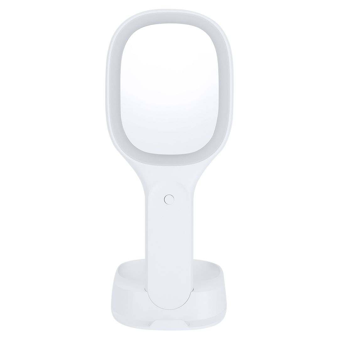 Un ventilador portátil blanco sin aspas con cabezal circular, colocado en posición vertical sobre su base de carga circular.