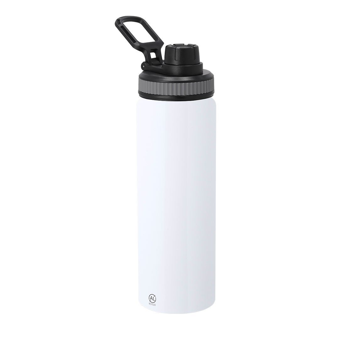 Una botella de agua blanca con tapa negra y asa para transportarla, mostrada sobre un fondo blanco liso.