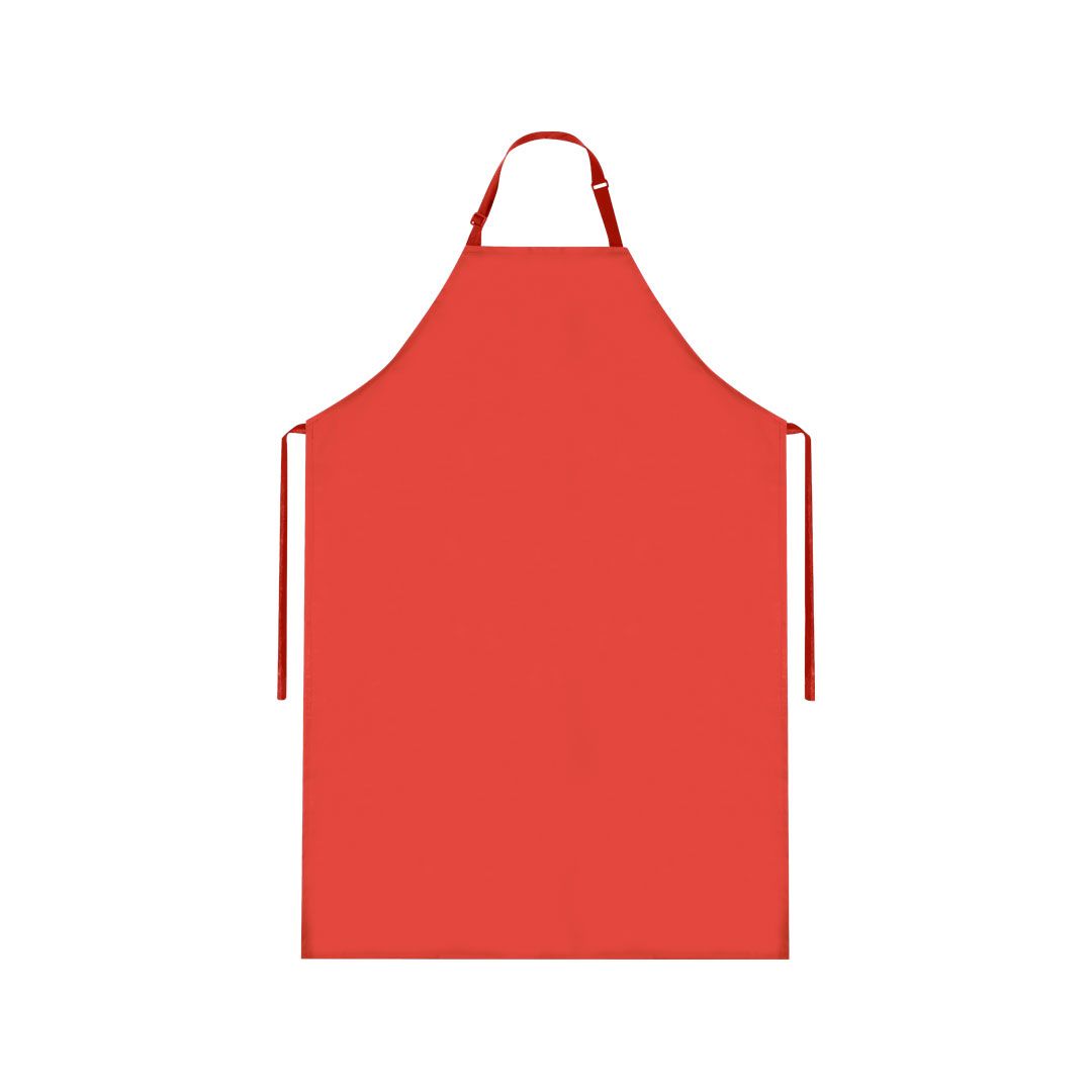 Un delantal de cocina liso de color rojo brillante con una presilla para el cuello y cintas para atar a la cintura, sobre un fondo blanco.