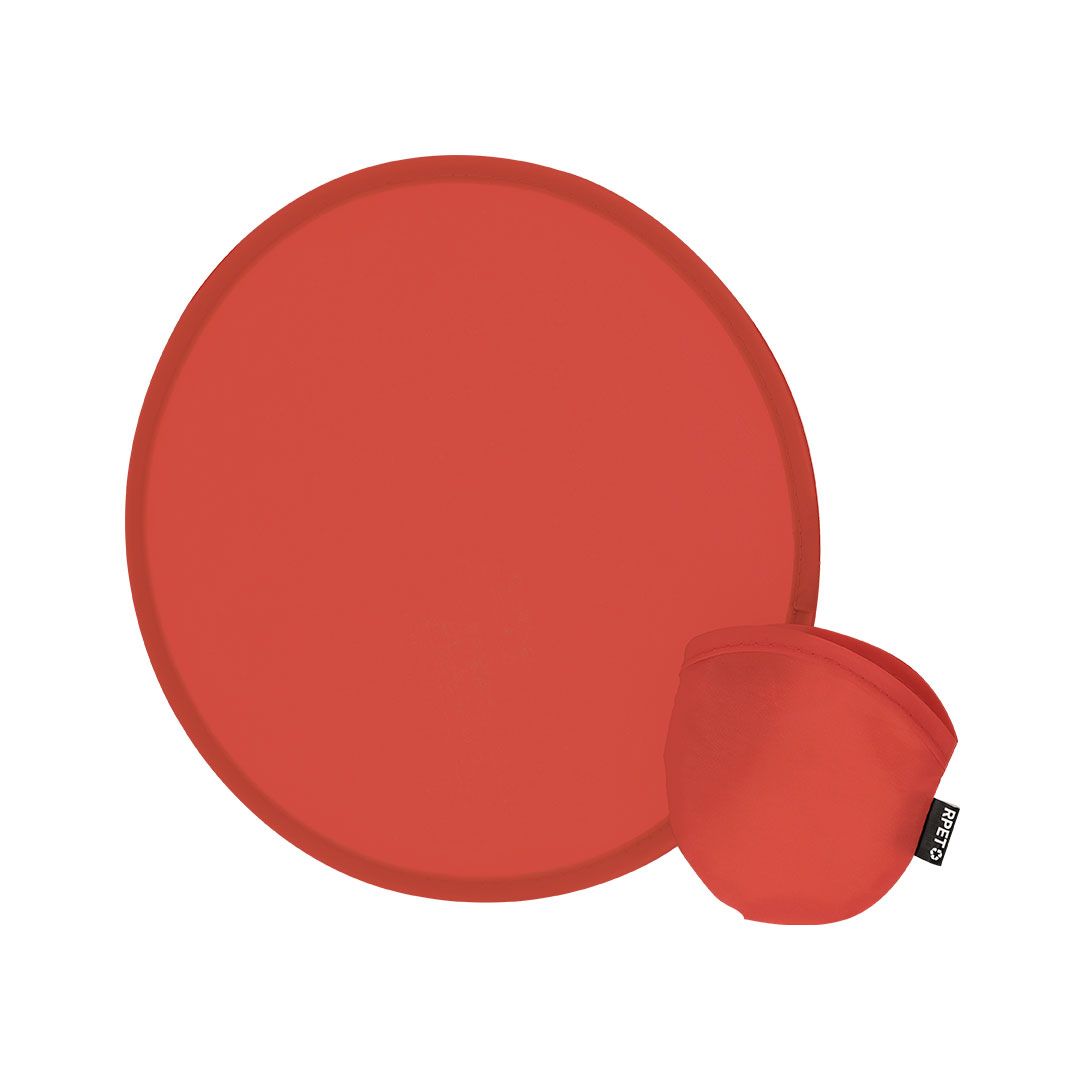 Un disco plegable rojo que se muestra tanto completamente extendido como plegado en su pequeña bolsa de transporte circular.