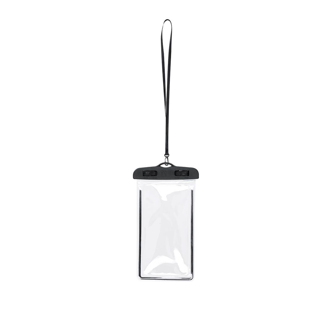 Una funda transparente e impermeable para smartphone con cierre superior de plástico negro y cordón negro para colgarla al cuello.