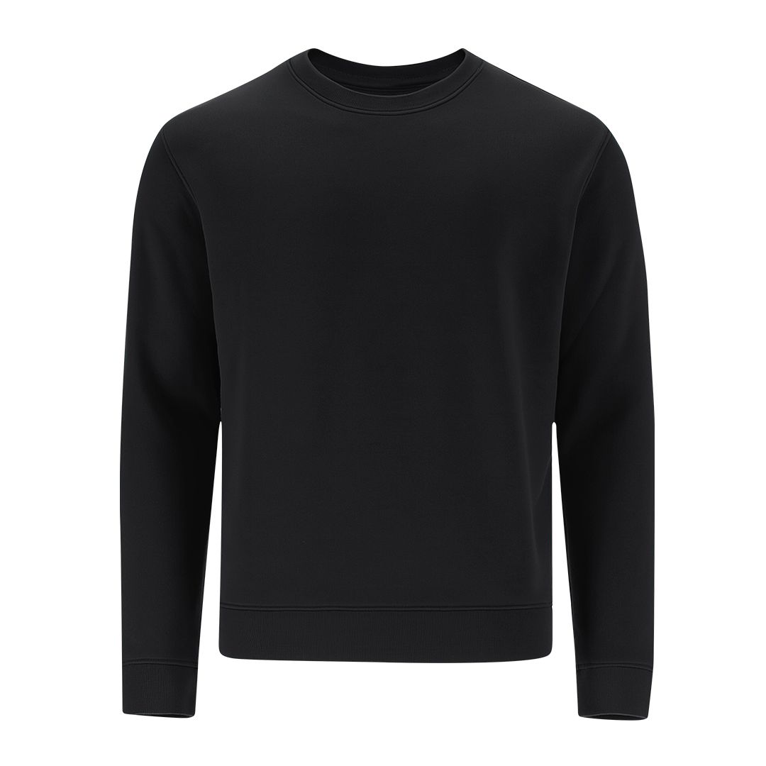 Una sudadera negra de manga larga y cuello redondo, mostrada sobre un fondo blanco liso.
