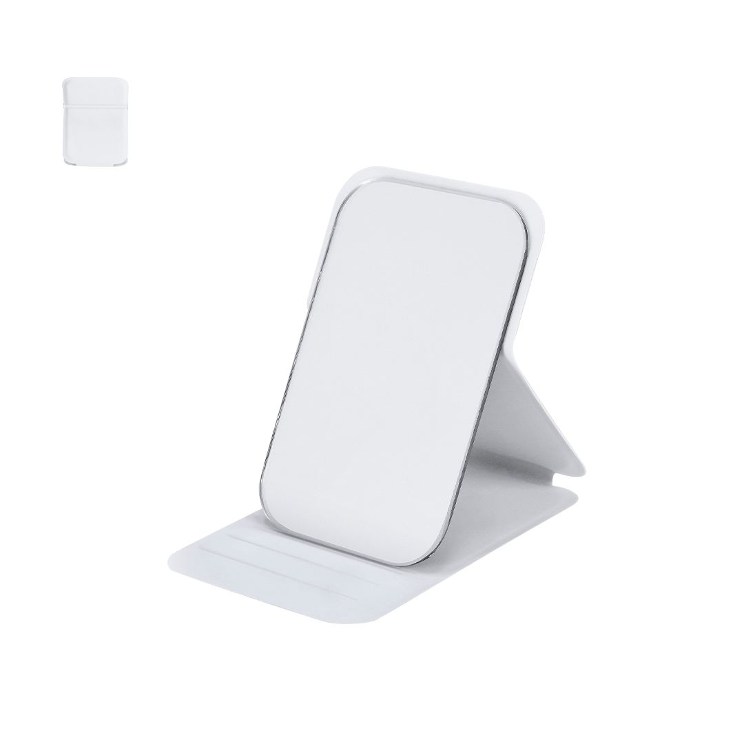 Un espejo de tocador blanco y rectangular se apoya sobre una base plegable, inclinado hacia arriba. En la parte superior izquierda se muestra una vista más pequeña, con el espejo cerrado.