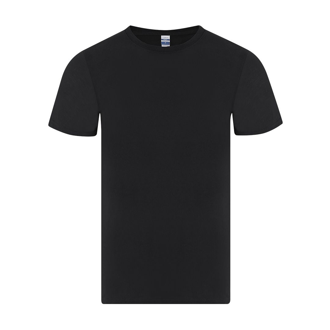 Una camiseta negra lisa de manga corta y cuello redondo, centrada sobre un fondo blanco.
