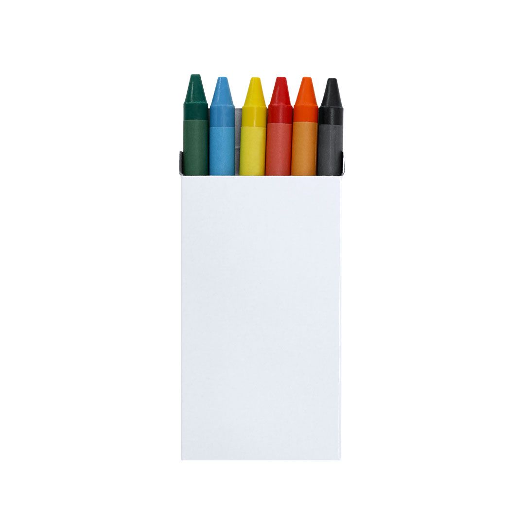 Una caja con seis lápices de colores: verde, azul, amarillo, rojo, naranja y negro, sobre un fondo blanco.