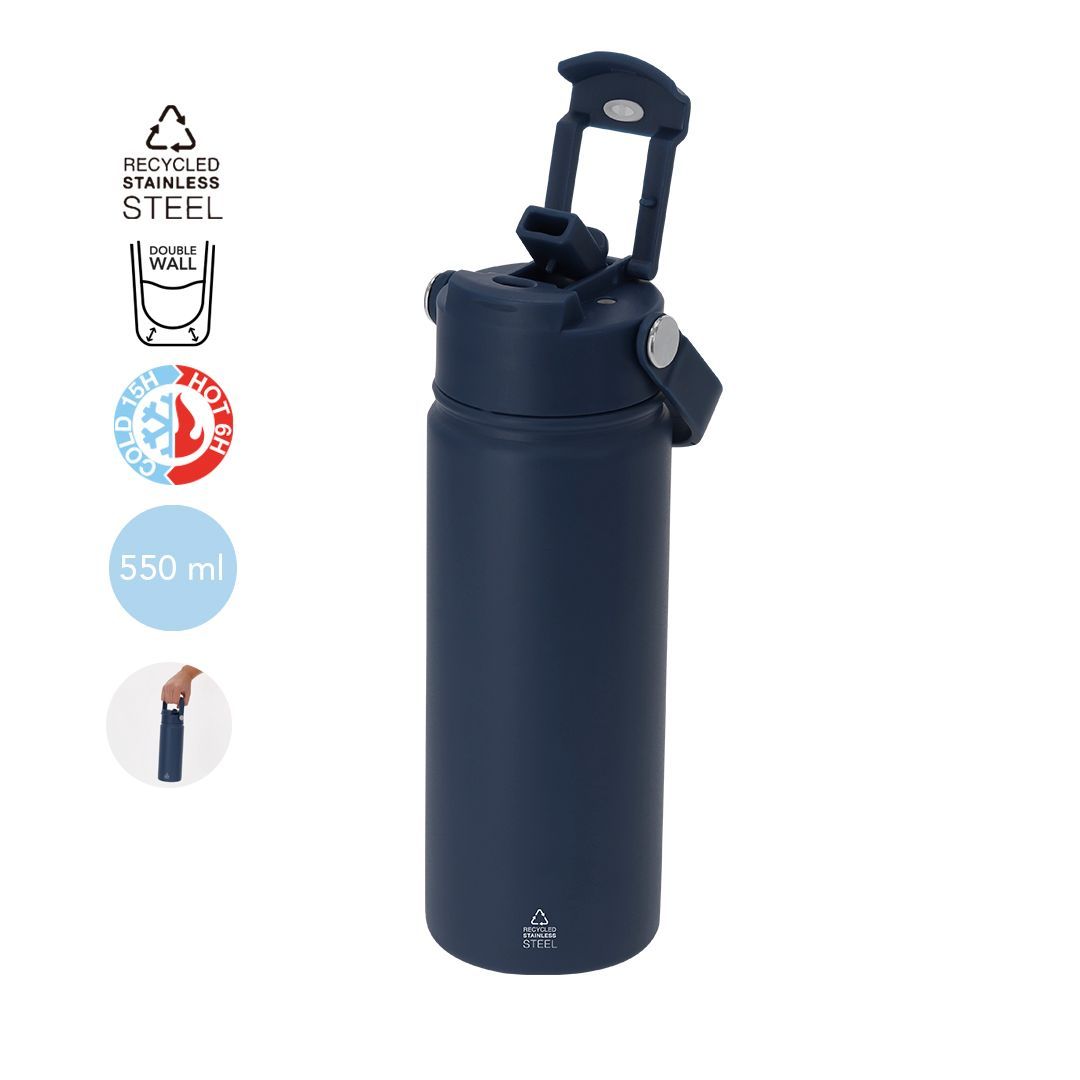 Una botella de agua isotérmica de acero inoxidable de color azul oscuro, con capacidad para 550 ml, tapa con pajita abatible y asa de transporte.