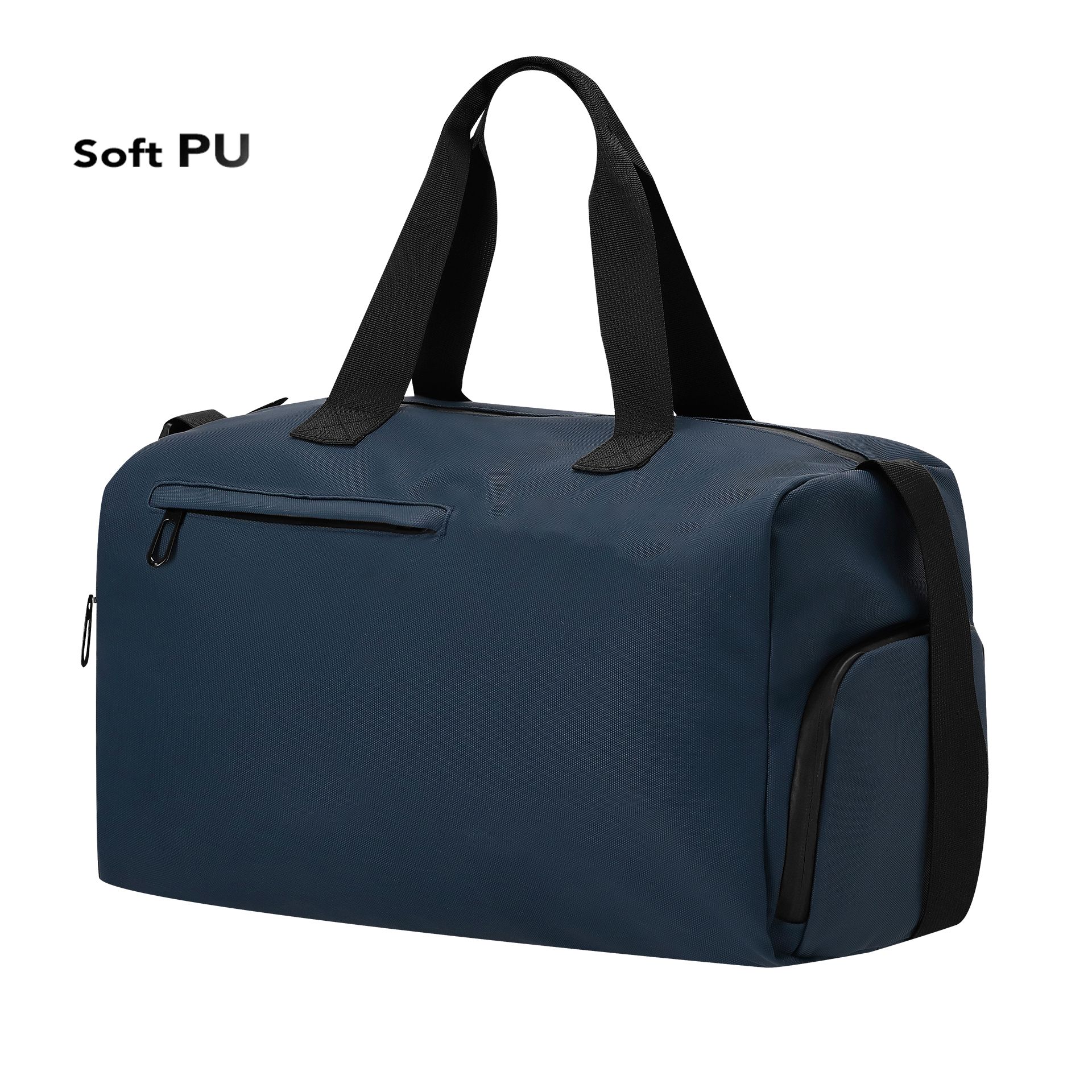 Una bolsa de lona azul marino confeccionada en suave piel sintética (PU), con asas negras y un bolsillo lateral con cremallera sobre un fondo blanco.