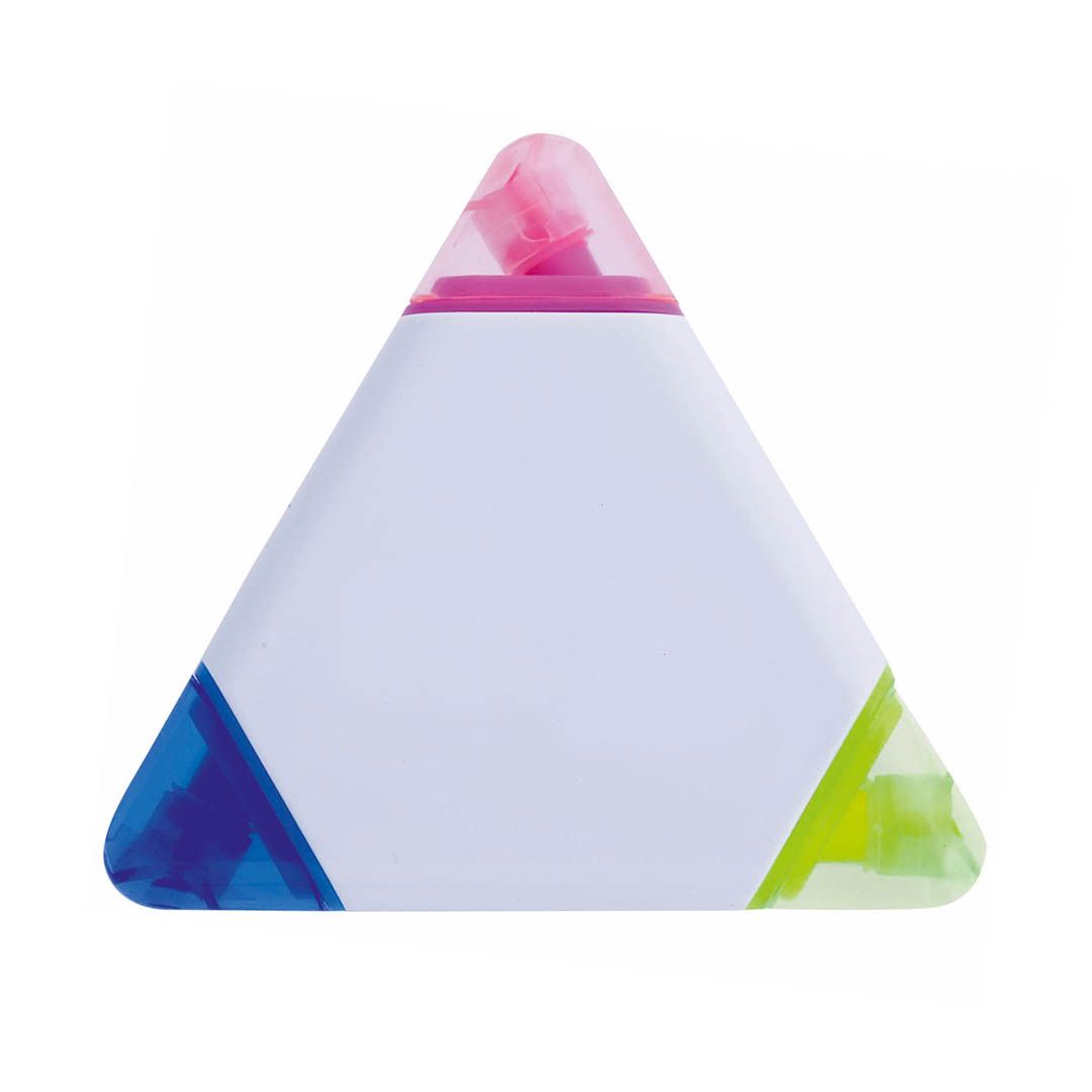 Un rotulador fluorescente triangular con cuerpo blanco y detalles en rosa, azul y verde lima en sus tres esquinas.