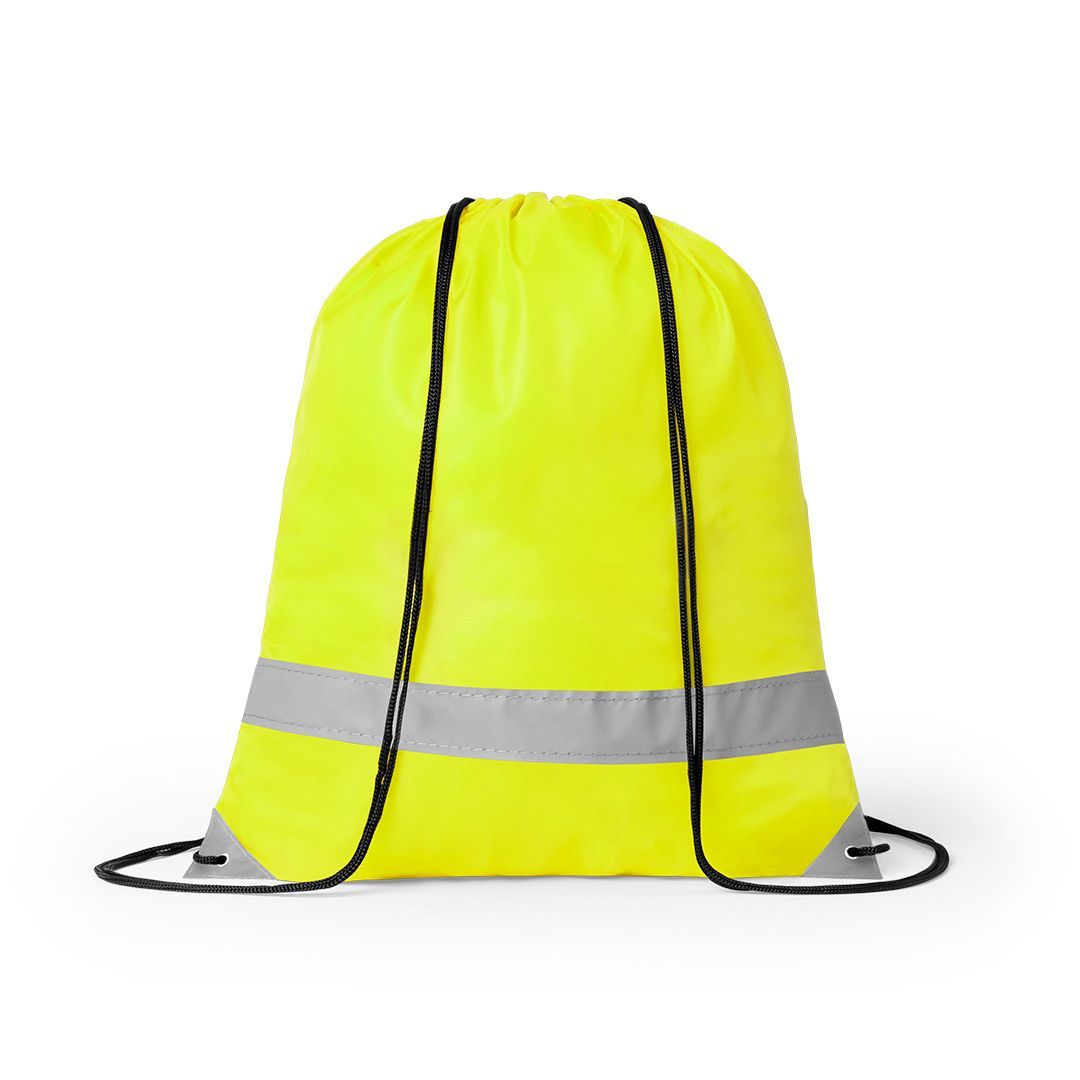 Una bolsa de tela amarilla neón con cordón ajustable y una tira reflectante gris horizontal en la parte inferior, sobre un fondo blanco.