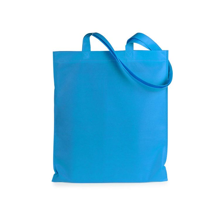 Una bolsa de tela no tejida reutilizable de color azul brillante con dos asas, mostrada sobre un fondo blanco.