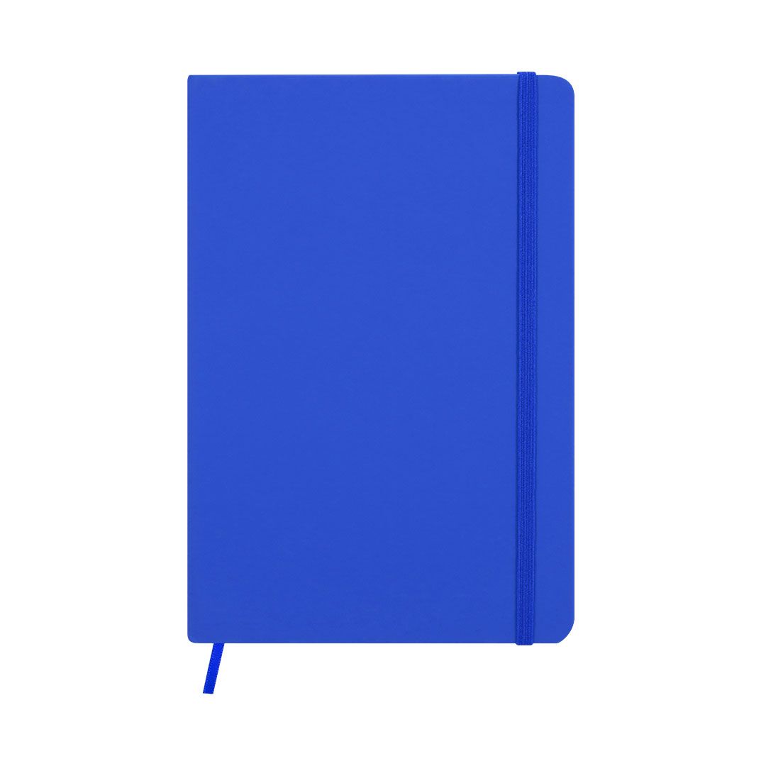 Un cuaderno azul de tapa dura con cierre elástico y marcapáginas de cinta.