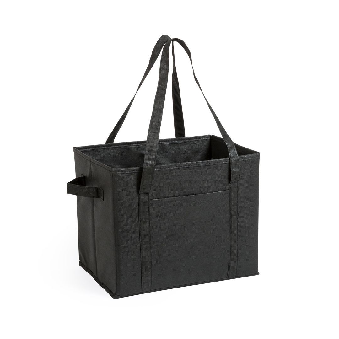 Una caja de almacenamiento de tela negra, rectangular y plegable, con dos correas largas para transportarla y un pequeño asa lateral.