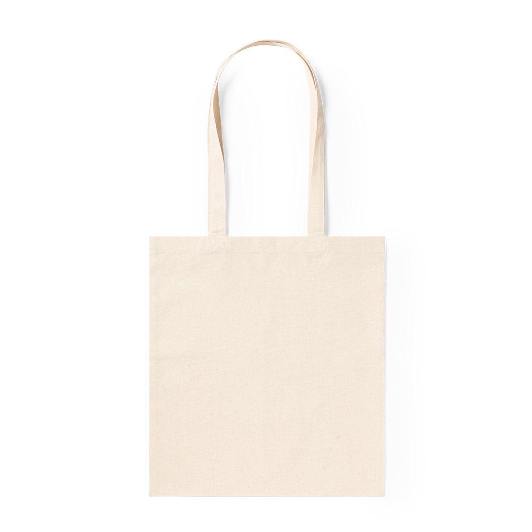 Un bolso de mano sencillo de lona color beige claro con dos asas para el hombro, centrado sobre un fondo blanco.