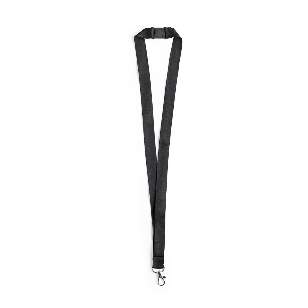Un sencillo cordón negro con hebilla de plástico y clip de metal plateado, aislado sobre fondo blanco.
