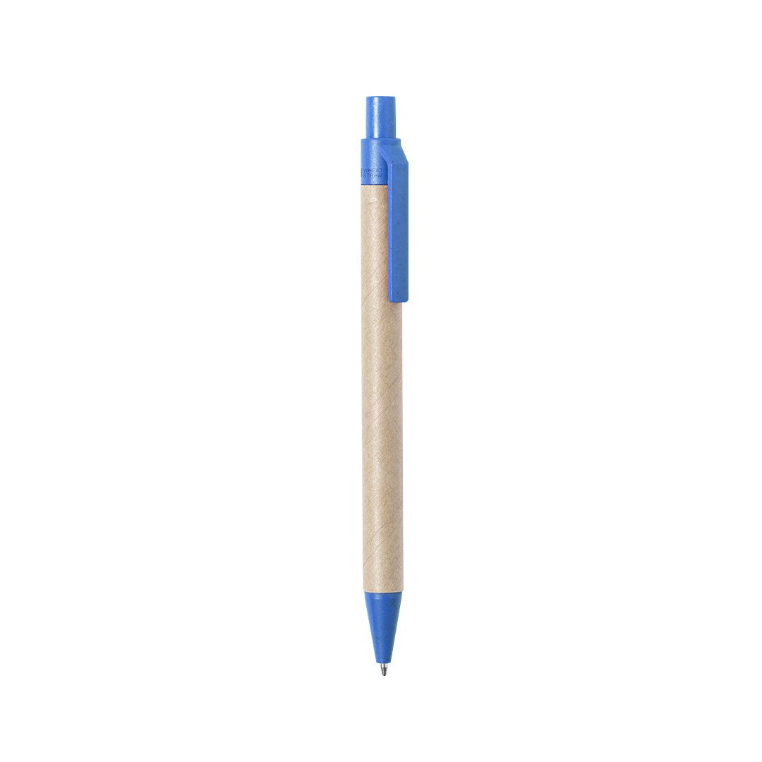 Un bolígrafo retráctil con cuerpo de color marrón claro con textura de papel reciclado y punta, clip y émbolo de plástico azul.