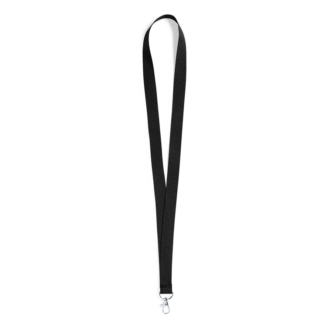 Un cordón negro liso, confeccionado en tela tejida, con un gancho giratorio de metal plateado en la parte inferior, sobre un fondo blanco.
