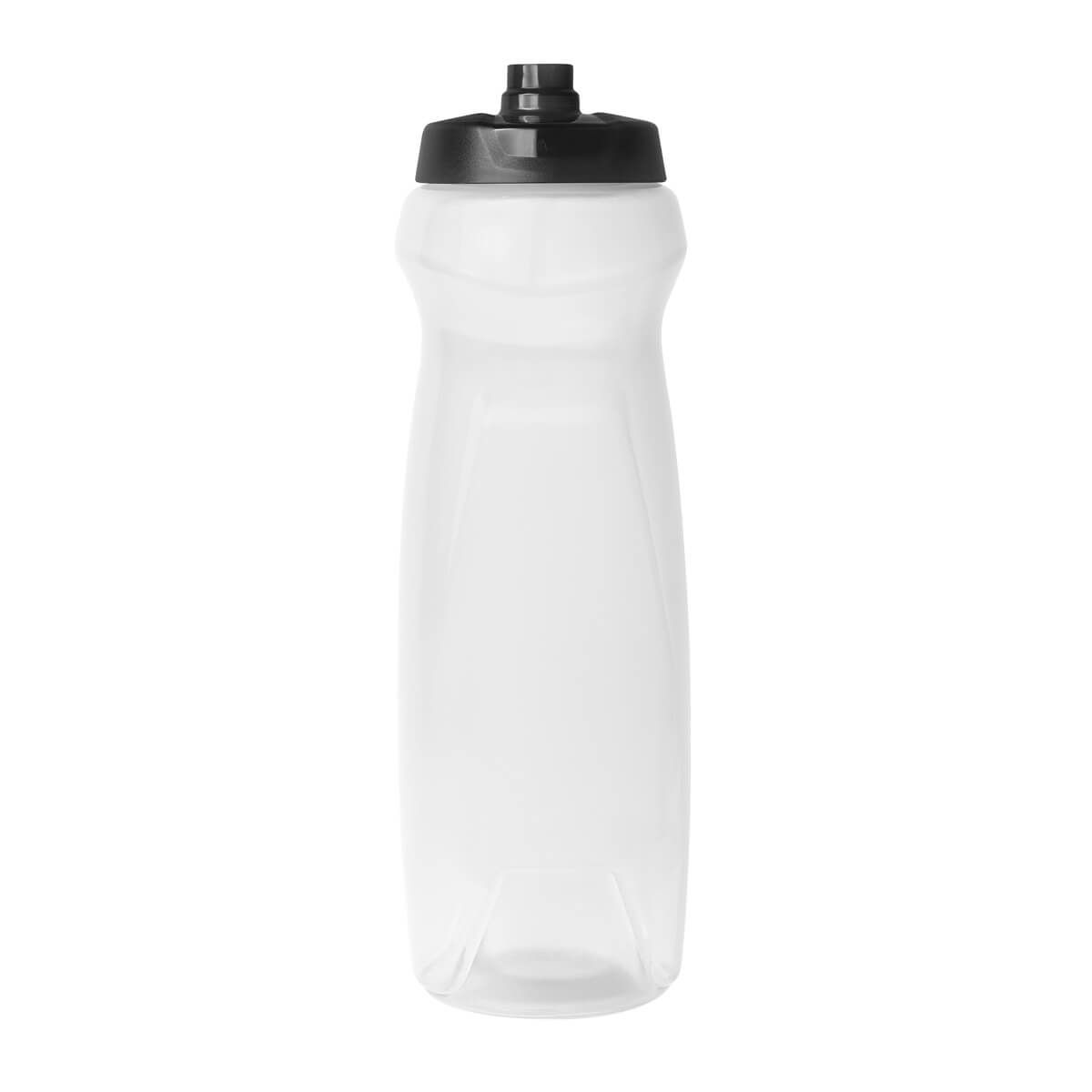Una botella de agua deportiva transparente y translúcida con tapa negra de fácil apertura, centrada sobre un fondo blanco liso.