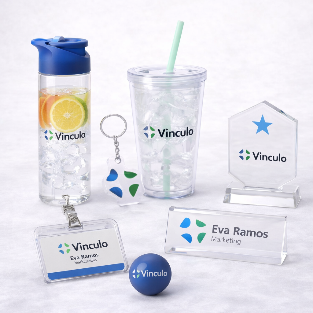 Artículos de oficina con la marca Vinculo, que incluyen una botella de agua, un vaso térmico, un llavero, una placa de identificación, una insignia y una pelota antiestrés con el logotipo de Vinculo.