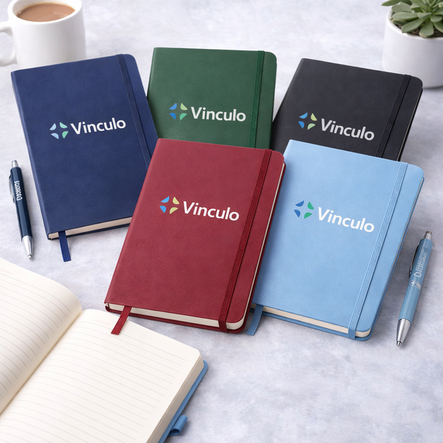 Cinco cuadernos de colores con el logotipo "Vinculo" dispuestos sobre una mesa junto a un bolígrafo, una taza de café y una planta suculenta.