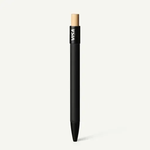 Un elegante bolígrafo negro mate con punta de goma de borrar color canela y la palabra