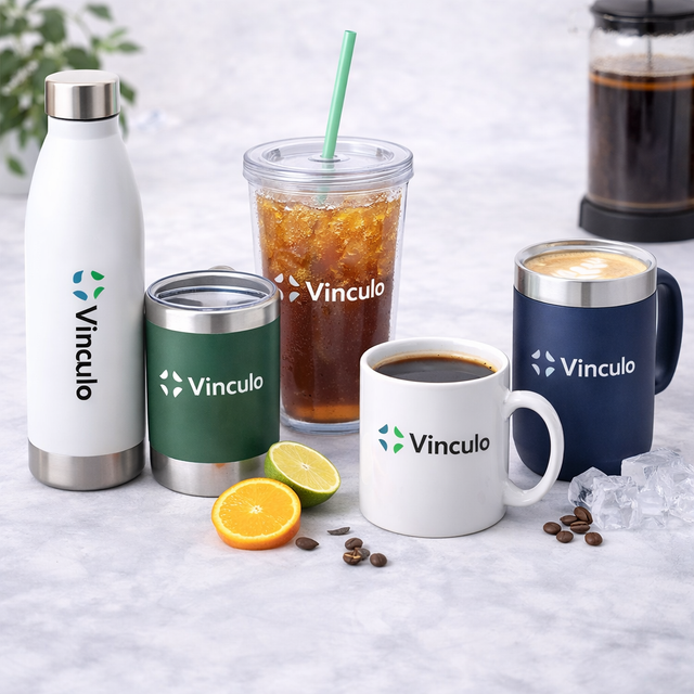 Surtido de envases para bebidas con el logotipo de "Vinculo", que incluyen botellas, vasos y tazas sobre una superficie de mármol.