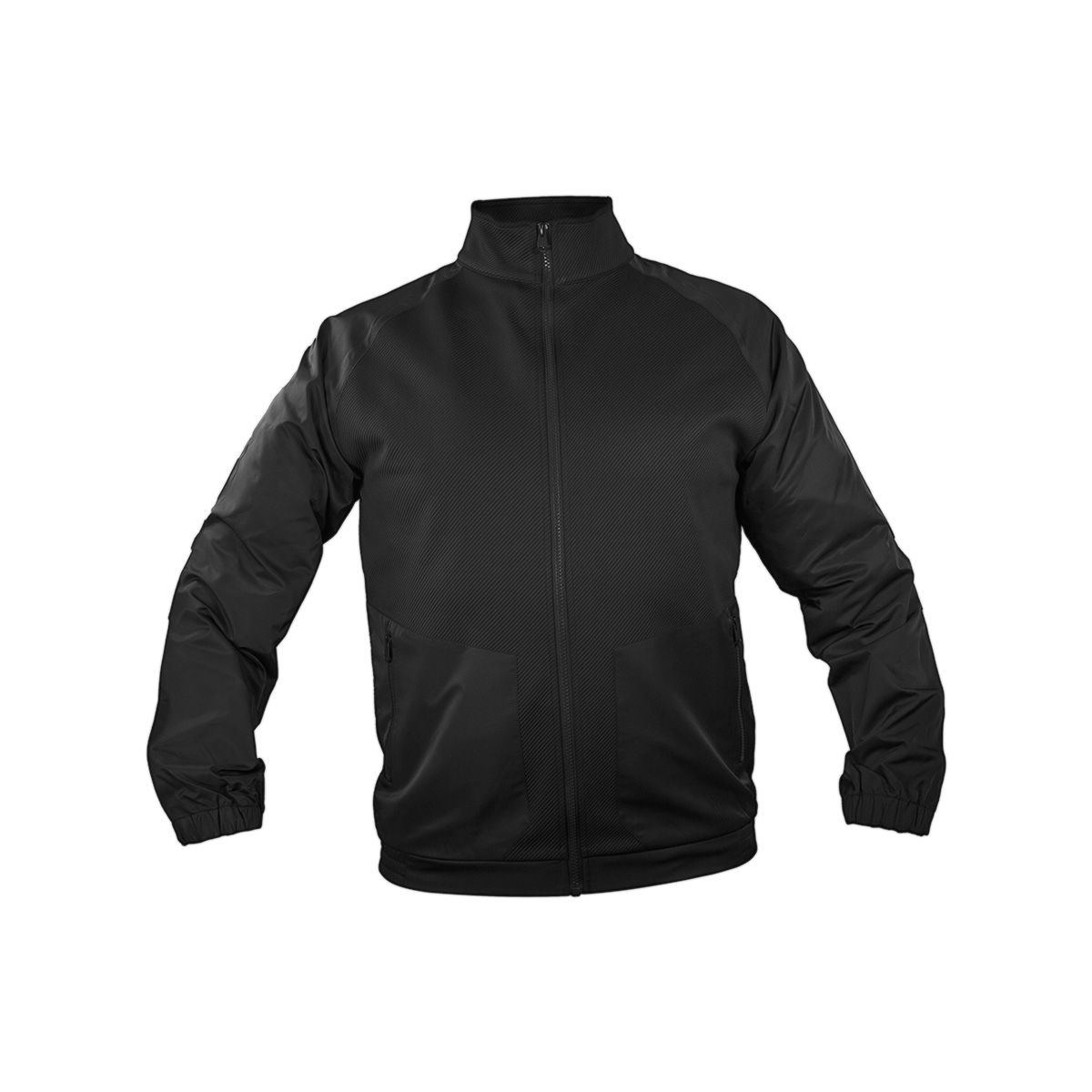 Una chaqueta deportiva negra lisa de manga larga con cremallera y cuello alto.