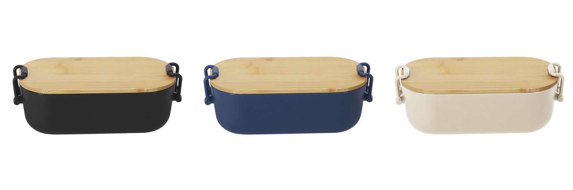 Tres fiambreras bento con tapas de madera, mostradas en negro, azul oscuro y crema, cada una con cierres laterales.