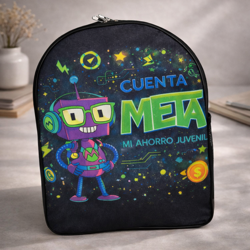 Una mochila negra con un robot morado con gafas verdes y el texto
