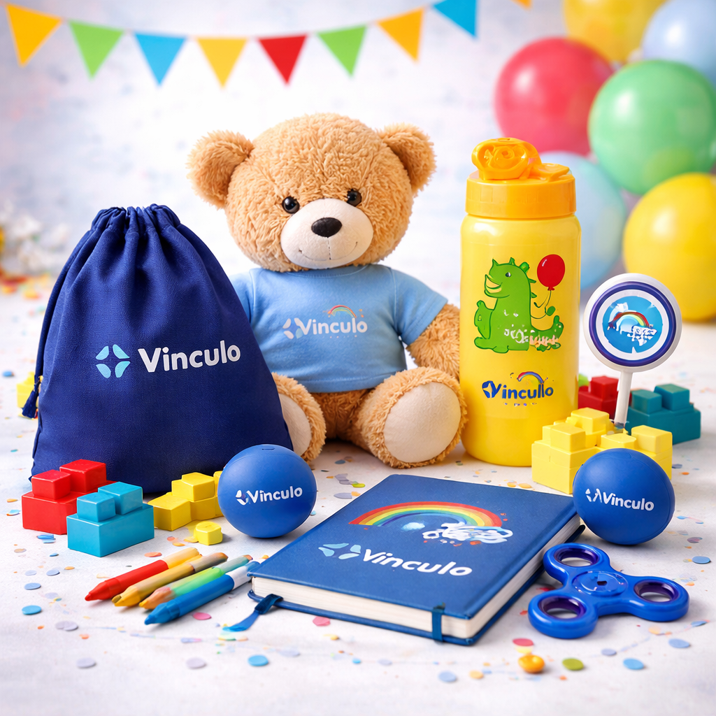 Un colorido set de regalo de la marca Vinculo que incluye un osito de peluche, una bolsa con cordón, un cuaderno, una botella de agua y juguetes sobre confeti.