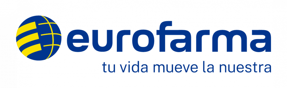 El logotipo de Eurofarma consiste en un icono de un globo terráqueo azul y amarillo junto al texto azul 