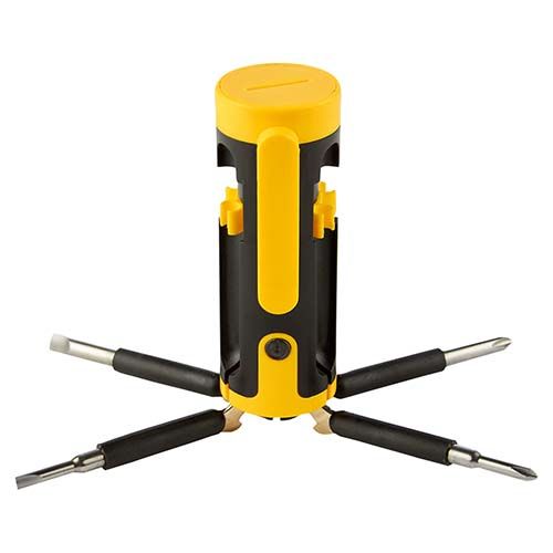 Una multiherramienta amarilla y negra con clip para el bolsillo y cuatro puntas de destornillador plegables en una base en forma de estrella.
