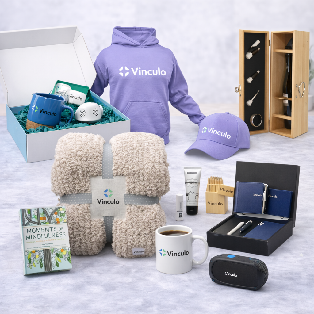 Set de regalo promocional de la marca Vinculo, que incluye una sudadera con capucha, una gorra, una taza, una manta, accesorios tecnológicos y una caja para vino.