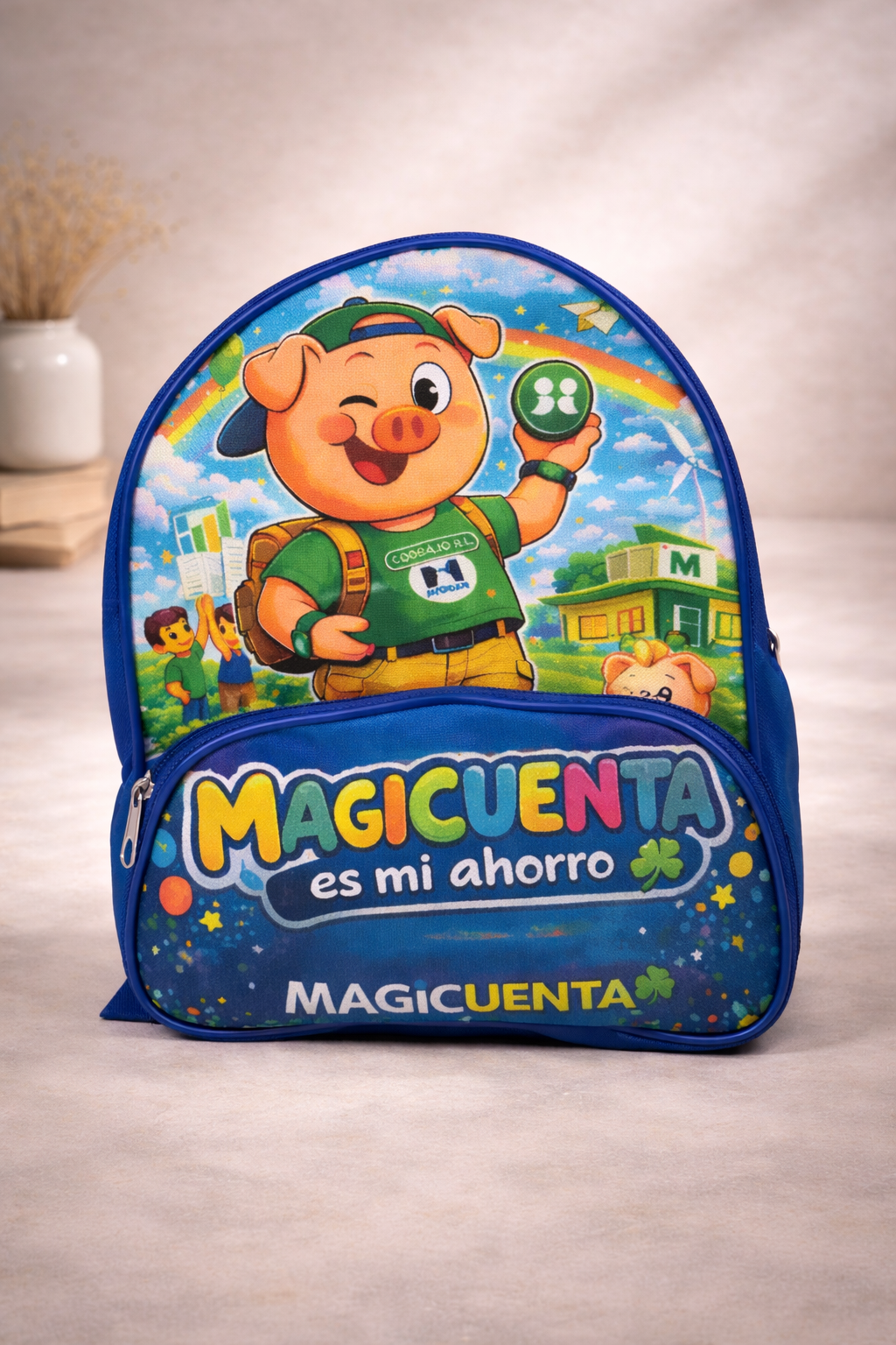Una mochila azul para niños con una mascota de cerdo de dibujos animados, un arcoíris y el texto