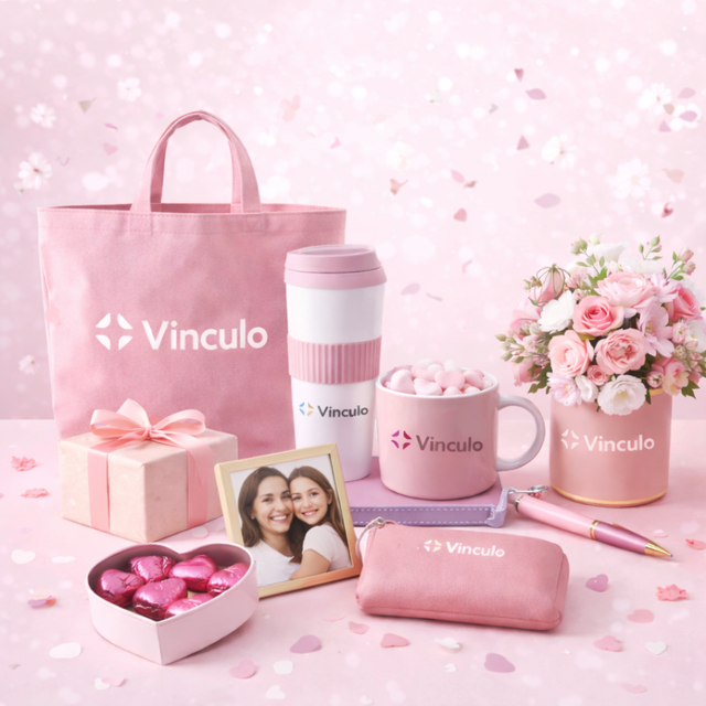 Un set de regalo de color rosa de la marca "Vinculo" que incluye una bolsa de tela, una taza, un vaso, flores, bombones y una foto enmarcada.