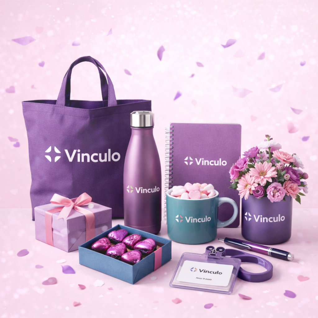 Set de regalo corporativo de Vinculo con temática morada, que incluye una bolsa de tela, una botella de agua, una taza, una libreta, bombones y flores.