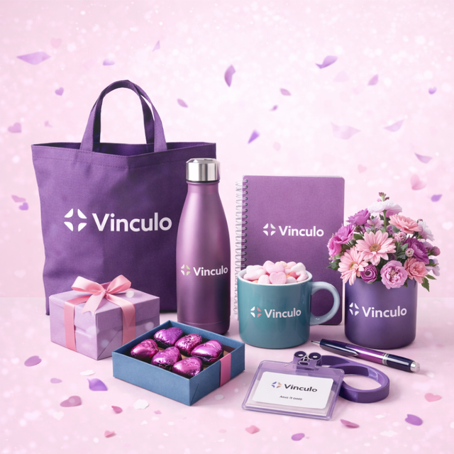 Un set de regalo promocional para Vinculo, que incluye una bolsa de tela morada, una botella, una libreta, una taza, bombones y flores sobre una base rosa.
