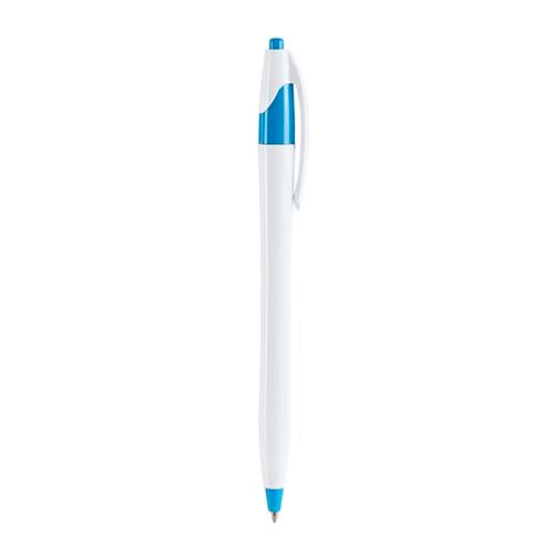Un bolígrafo retráctil con cuerpo blanco y empuñadura, clip y punta azules, aislado sobre un fondo blanco.
