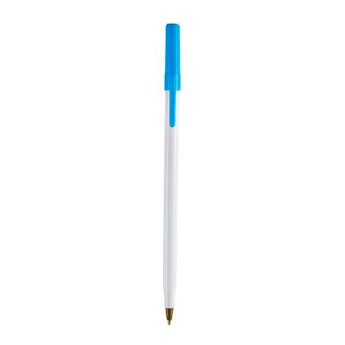 Un bolígrafo blanco con tapa y clip azules, mostrado centrado sobre un fondo blanco liso.