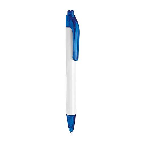 Un bolígrafo de punta clic con cuerpo blanco y detalles de plástico azul en el clip, el émbolo y la punta.