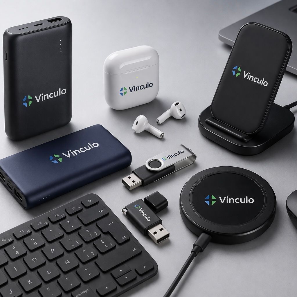 Una colección de accesorios tecnológicos, que incluye un teclado, baterías portátiles, auriculares y cargadores inalámbricos, todos de la marca Vinculo.