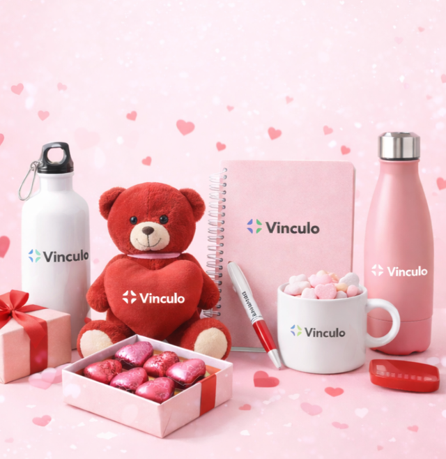 Un set de regalo de color rosa con la marca "Vinculo" que incluye un osito de peluche, una libreta, botellas de agua, una taza y bombones en forma de corazón.