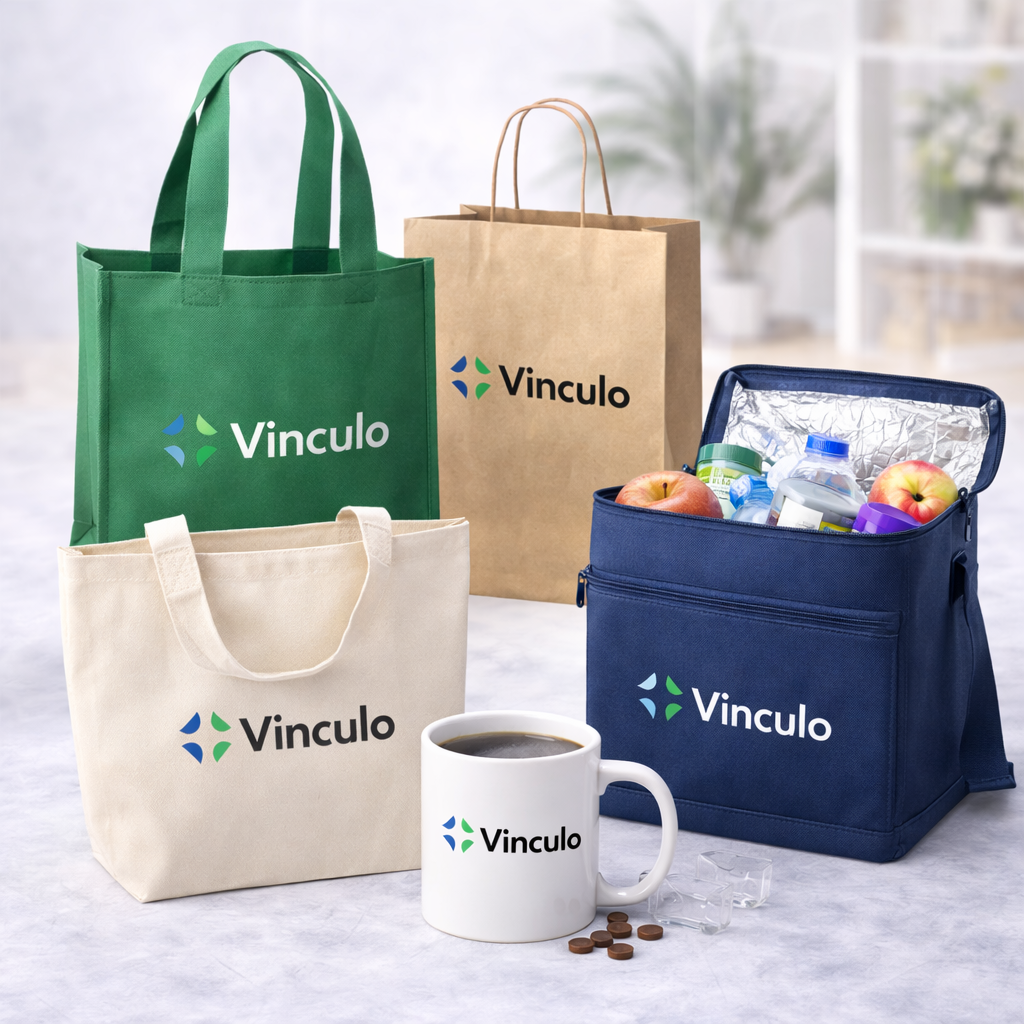 Una colección de artículos promocionales: bolsas de tela, una bolsa de papel, una nevera portátil para el almuerzo y una taza, todos con el logotipo de
