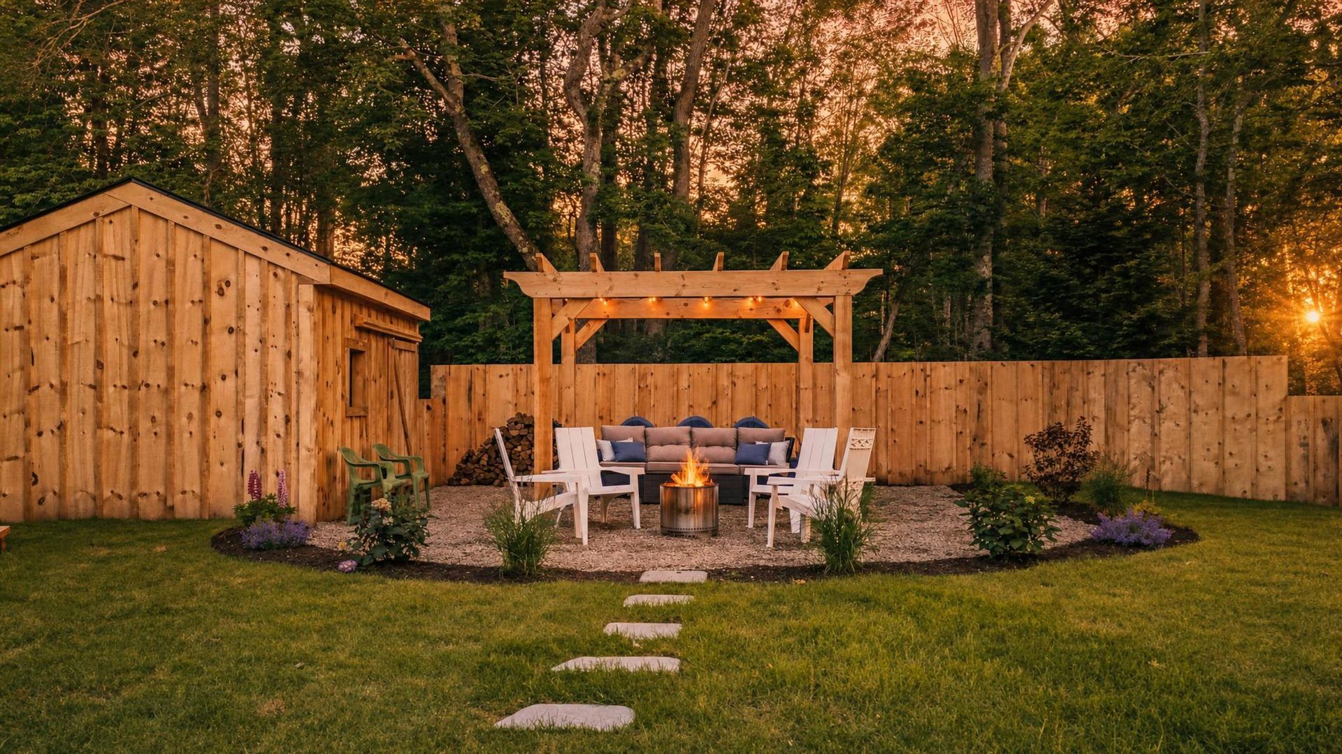 Backyard patio with pergola, outdoor dining table, chairs, and string lights at dusk