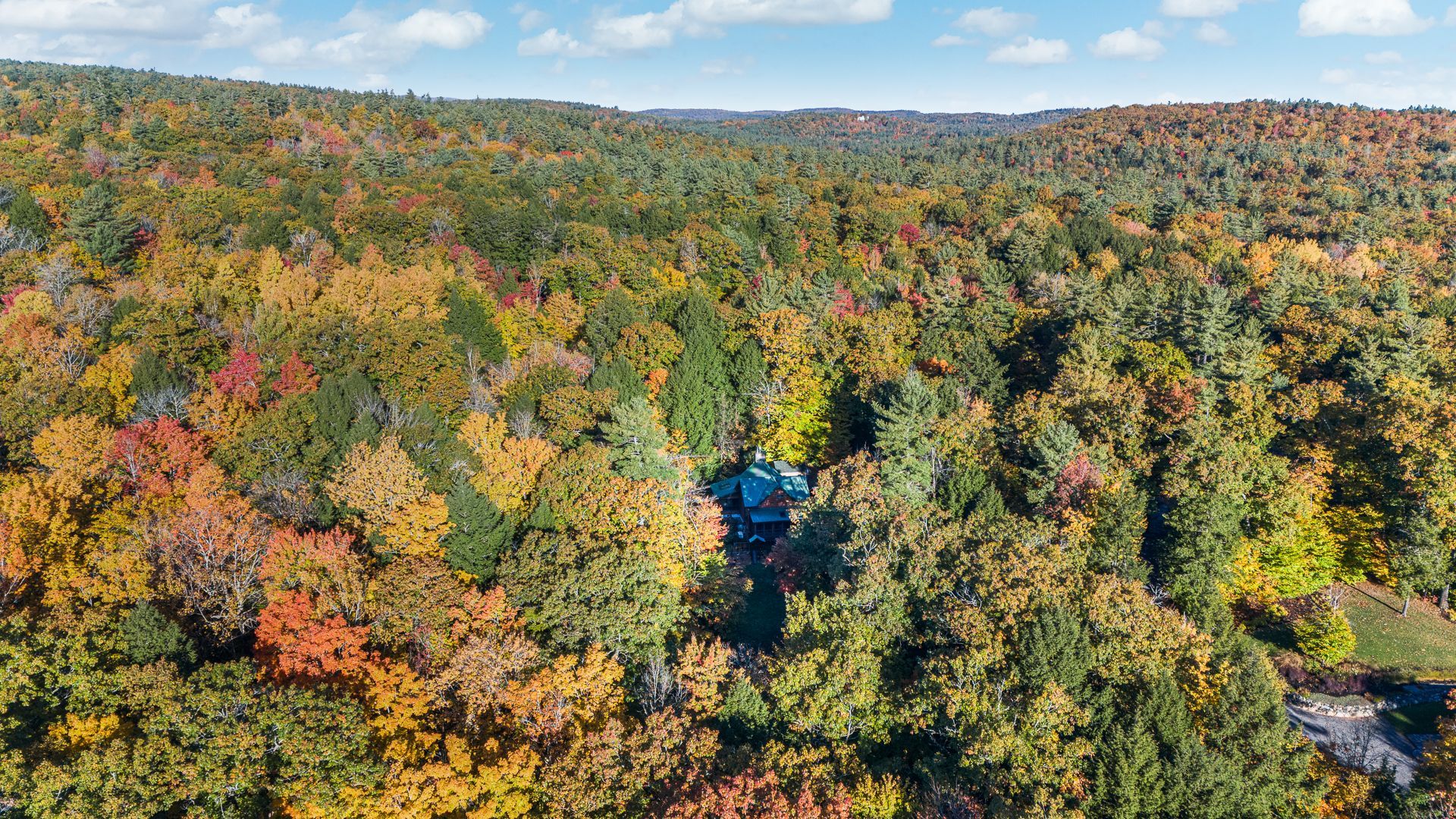 Aerial view of a colorful autumn forest with a narrow road running through the center