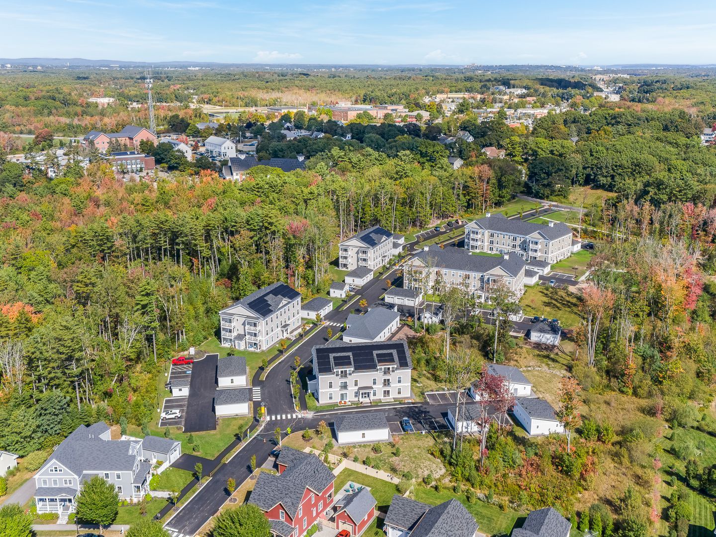 Aerial view of suburban homes surrounded by dense green trees in autumn