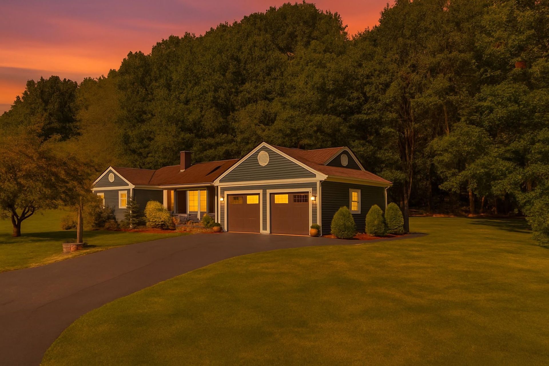 Suburban house with two garages and a curved driveway at sunset, surrounded by trees and a green lawn